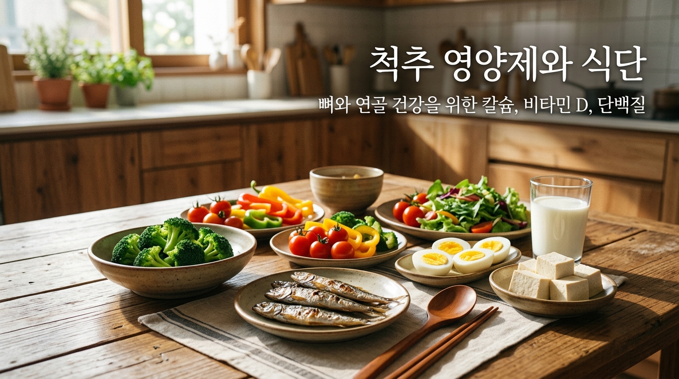 햇살이 비치는 아늑하고 깨끗한 주방 식탁 위에 우유, 달걀, 멸치, 브로콜리 등 뼈와 연골 건강에 좋은 칼슘과 단백질이 풍부한 식재료들이 건강하게 차려져 있는 모습. '척추 영양제와 식단', '뼈와 연골 건강을 위한 칼슘, 비타민 D, 단백질'이라는 문구가 적혀 있어, 올바른 영양 식단과 척추 건강의 중요성을 시각화함.