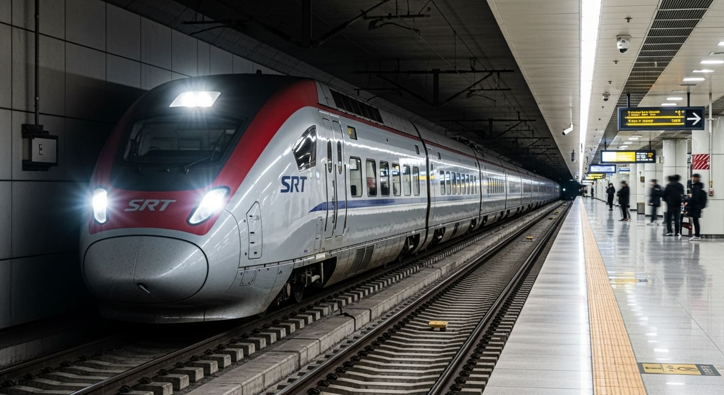 지하 역사 승강장에 정차한 SRT 열차 전면 모습