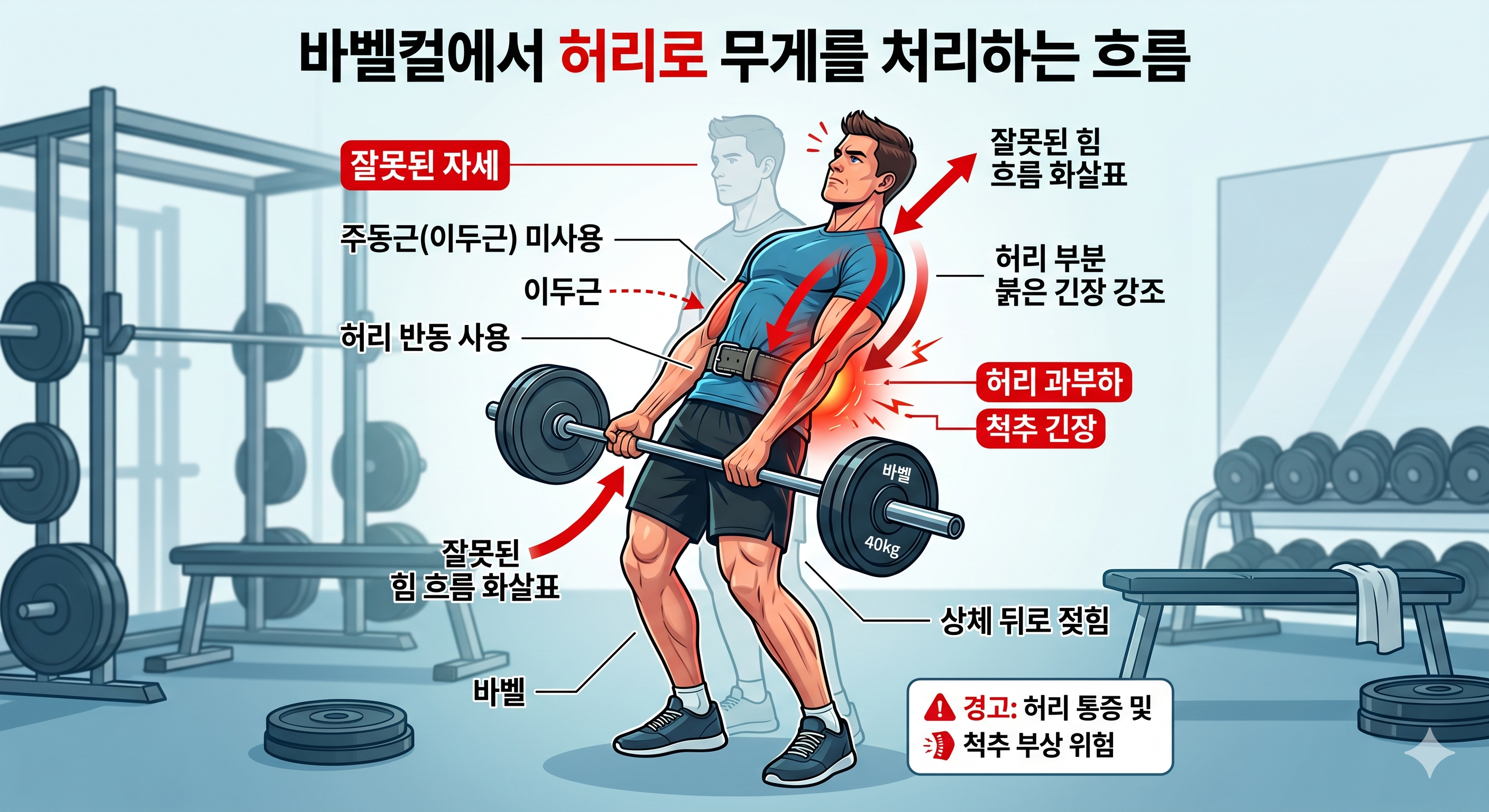 바벨컬에서 허리로 무게를 처리하는 흐름