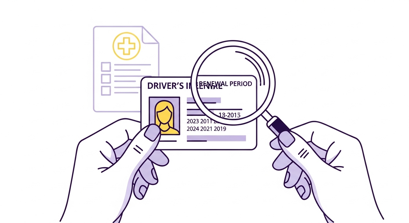 운전면허증 뒷면의 갱신 기간과 건강검진 이력을 확인하는 손의 모습.