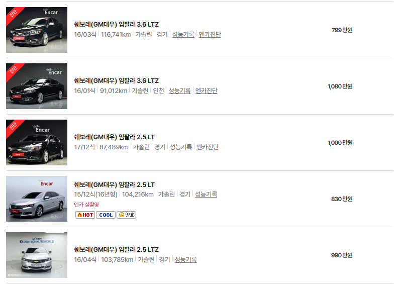 쉐보레 임팔라 중고차 가격 시세표 24년10월