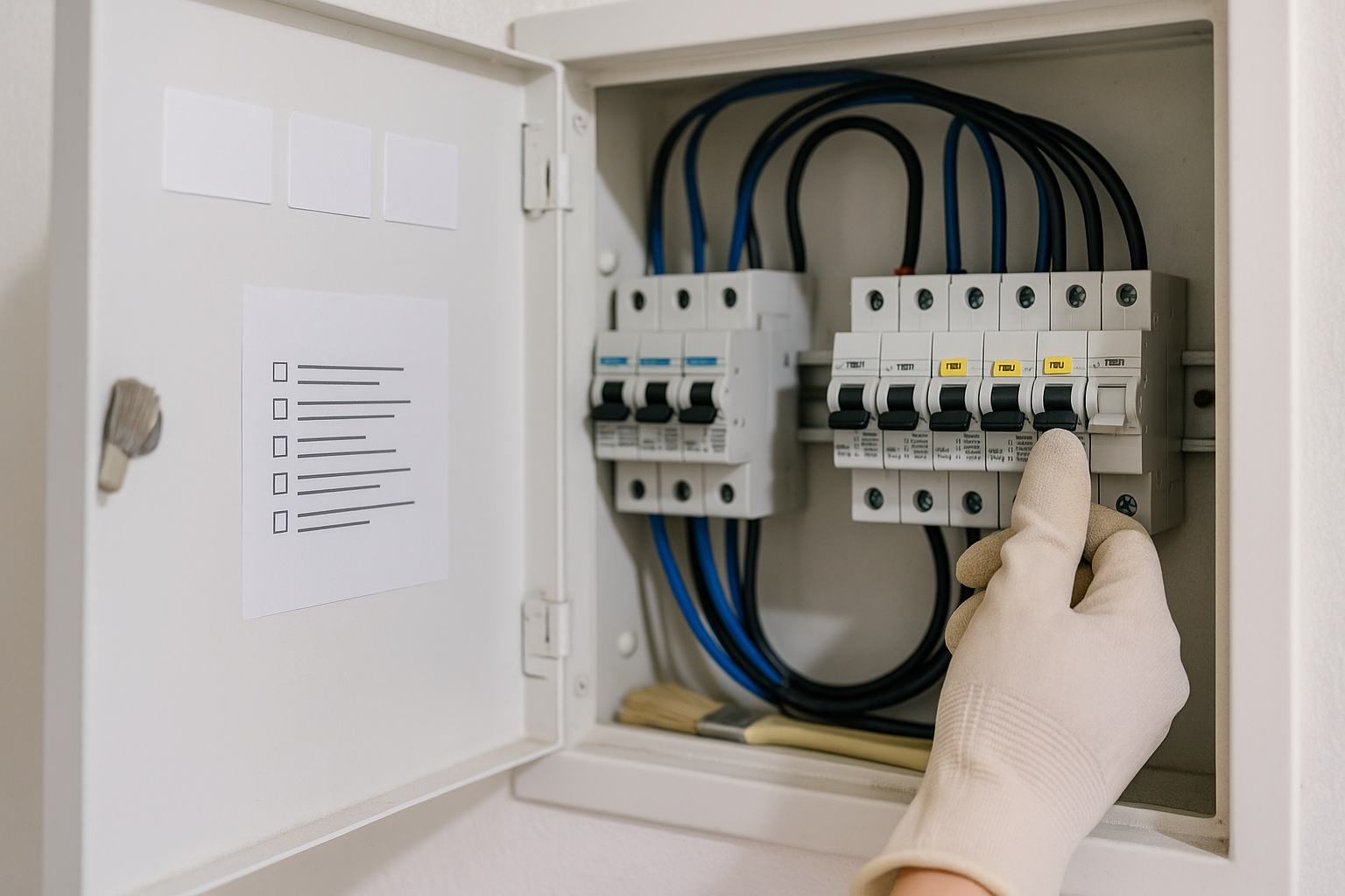 분전반에서 누전차단기 TEST 후 레버를 ON으로 복귀시키는 장면(장갑 착용, 정리된 배선)