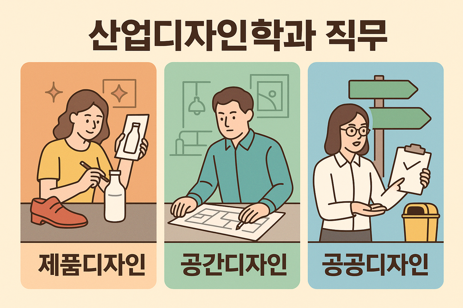제품디자인, 공간디자인, 공공디자인 분야를 설명하는 한국어 정보 이미지