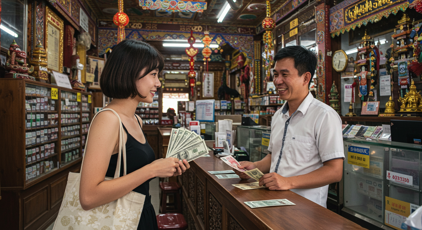 여행객이 동남아 현지 환전소에서 미국 달러를 현지 통화로 바꾸는 모습.