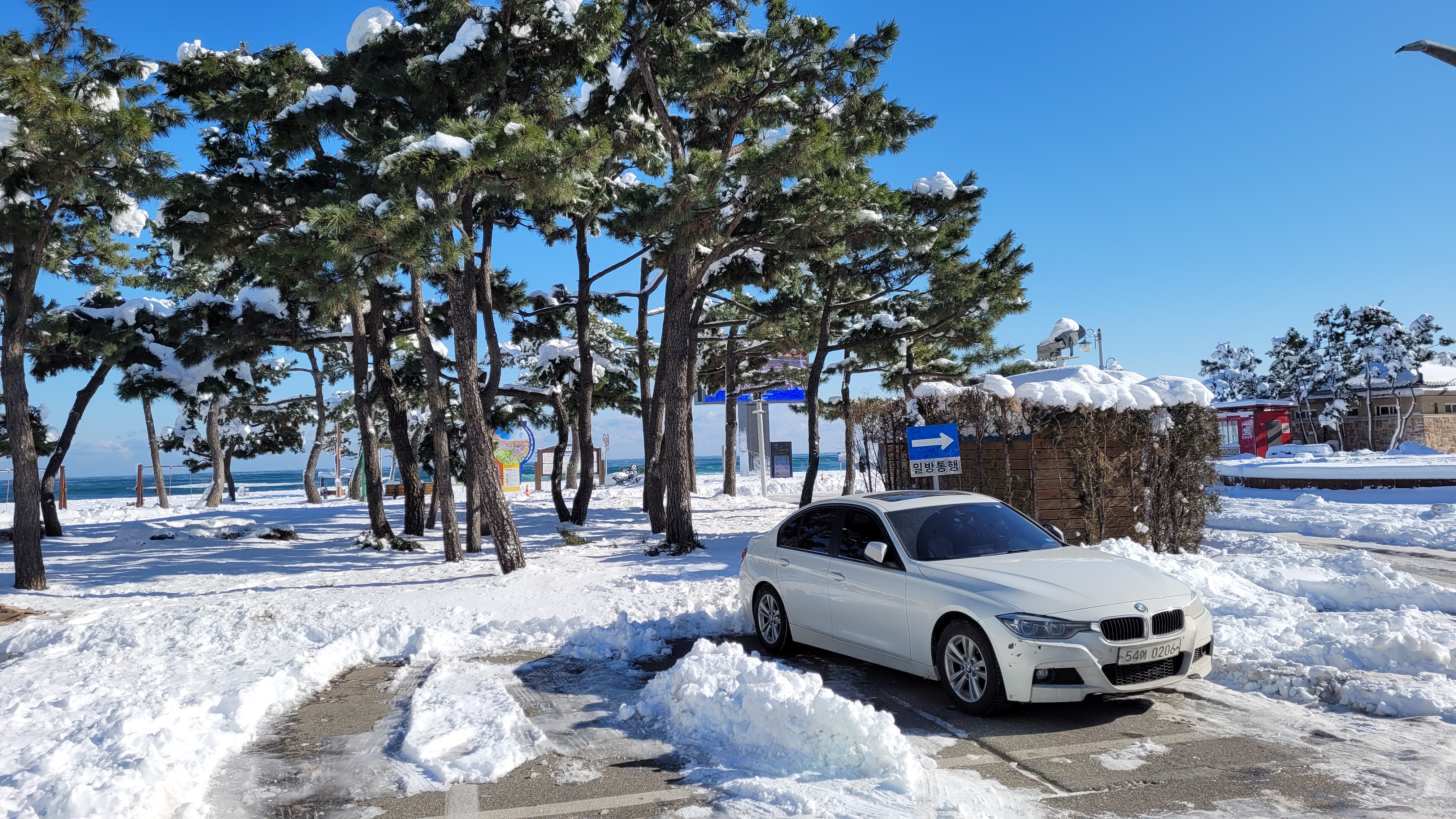 폭설로 인해 눈이 가득 쌓인 낙산 해변