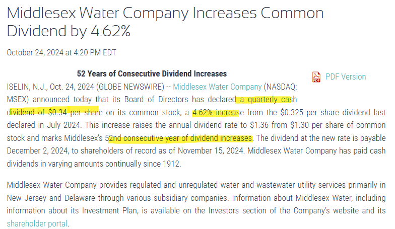 미들섹스 워터(Middlesex Water Company, MSEX) 분기배당 0.34달러 4.62% 인상 52년 연속 배당성장 보도자료