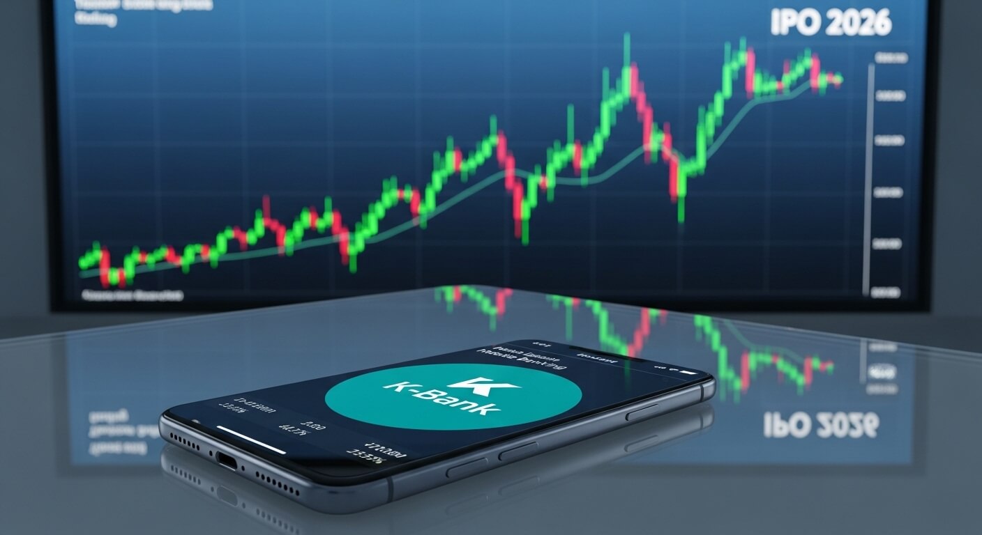 휴대폰에 K-BANK 가 써져있고 뒤에는 주식변동그래프가 있다