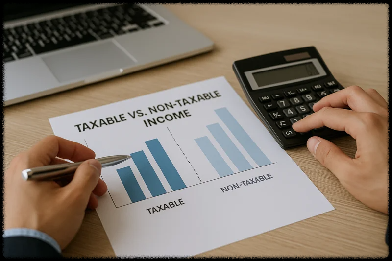 세금 관련 보고서를 보며 계산기를 두드리고 있는 모습