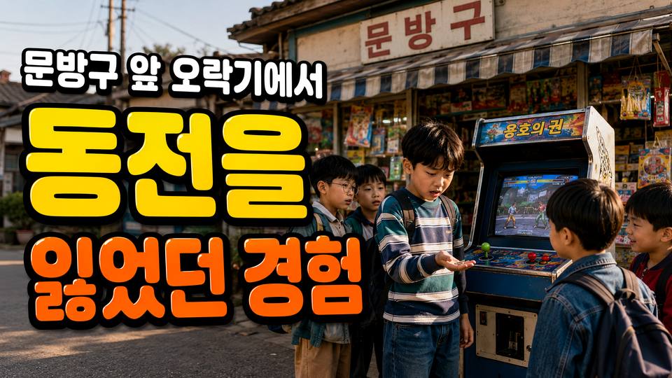 문방구 앞 오락기 옆에서 한 아이가 빈 손바닥을 바라보고 친구들이 주변에 모여 있는 모습