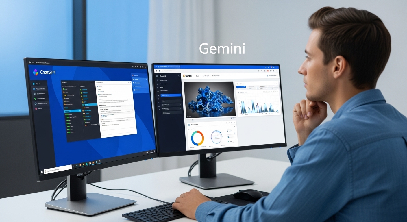 한 사람이 두 대의 모니터 앞에서 챗GPT와 제미니를 동시에 사용하며 비교 분석하는 모습.