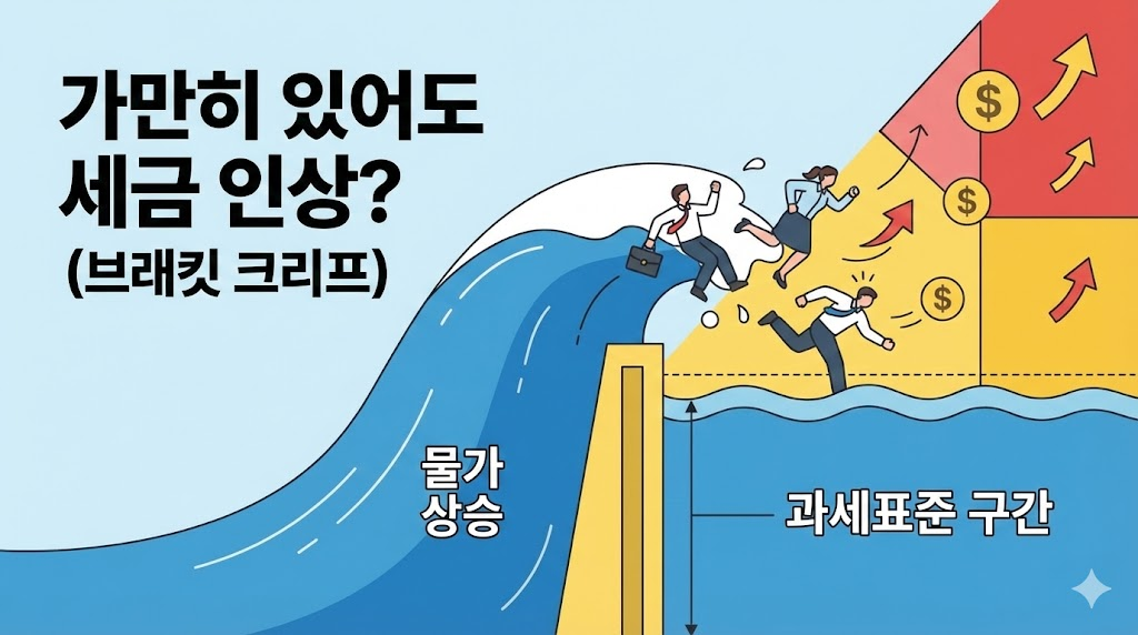 물가는 오르는데 과세 구간은 고정되어 세금이 늘어나는 브래킷 크리프 현상 인포그래픽