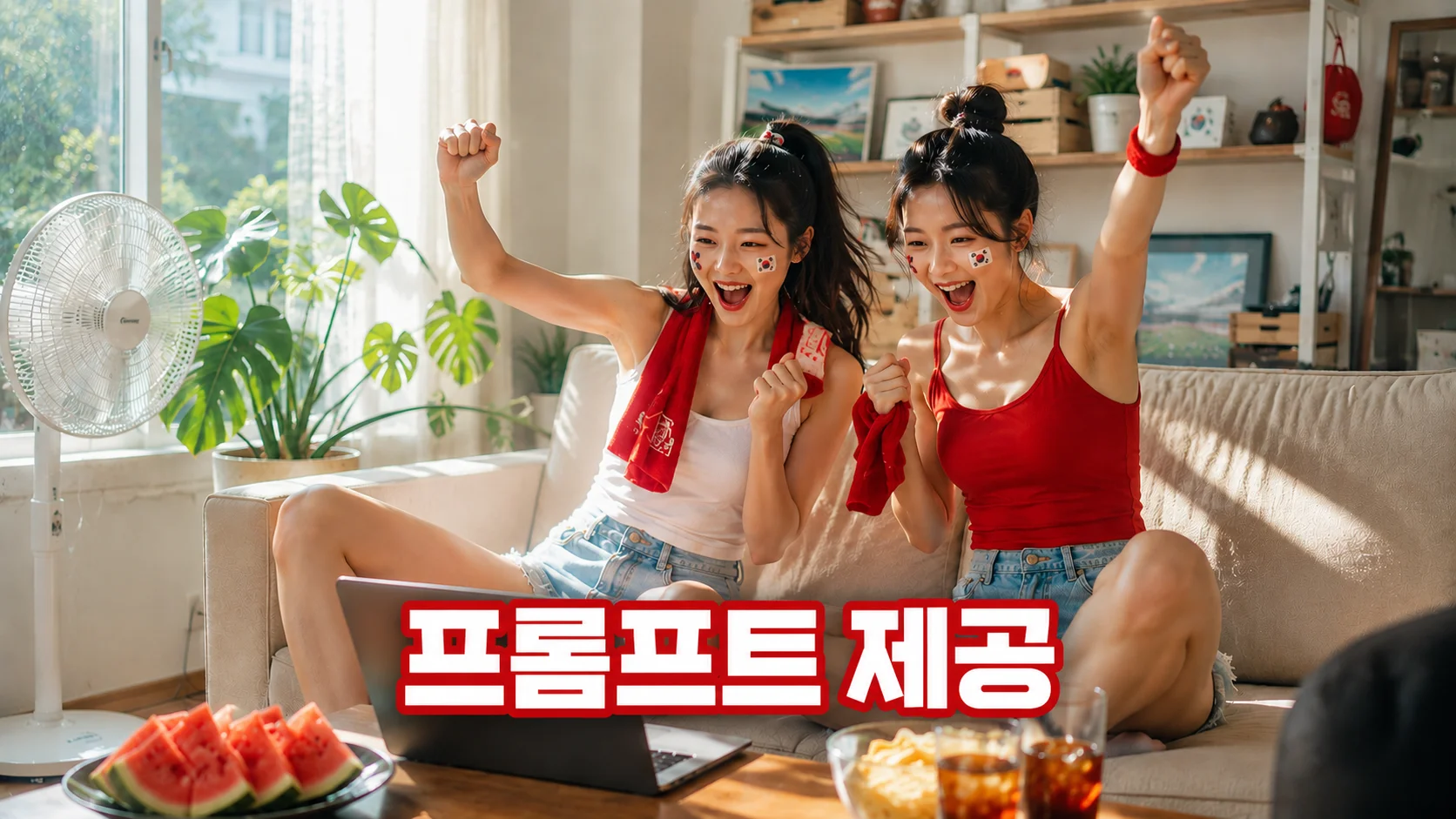 2026 월드컵 노트북으로 응원하는 한국인 여대생 2명 AI 실사 이미지, 무료 프롬프트 제공