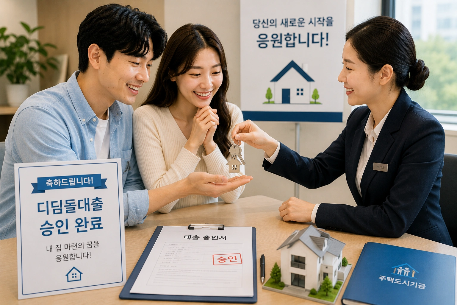 신혼부부가 집 열쇠를 받는 모습