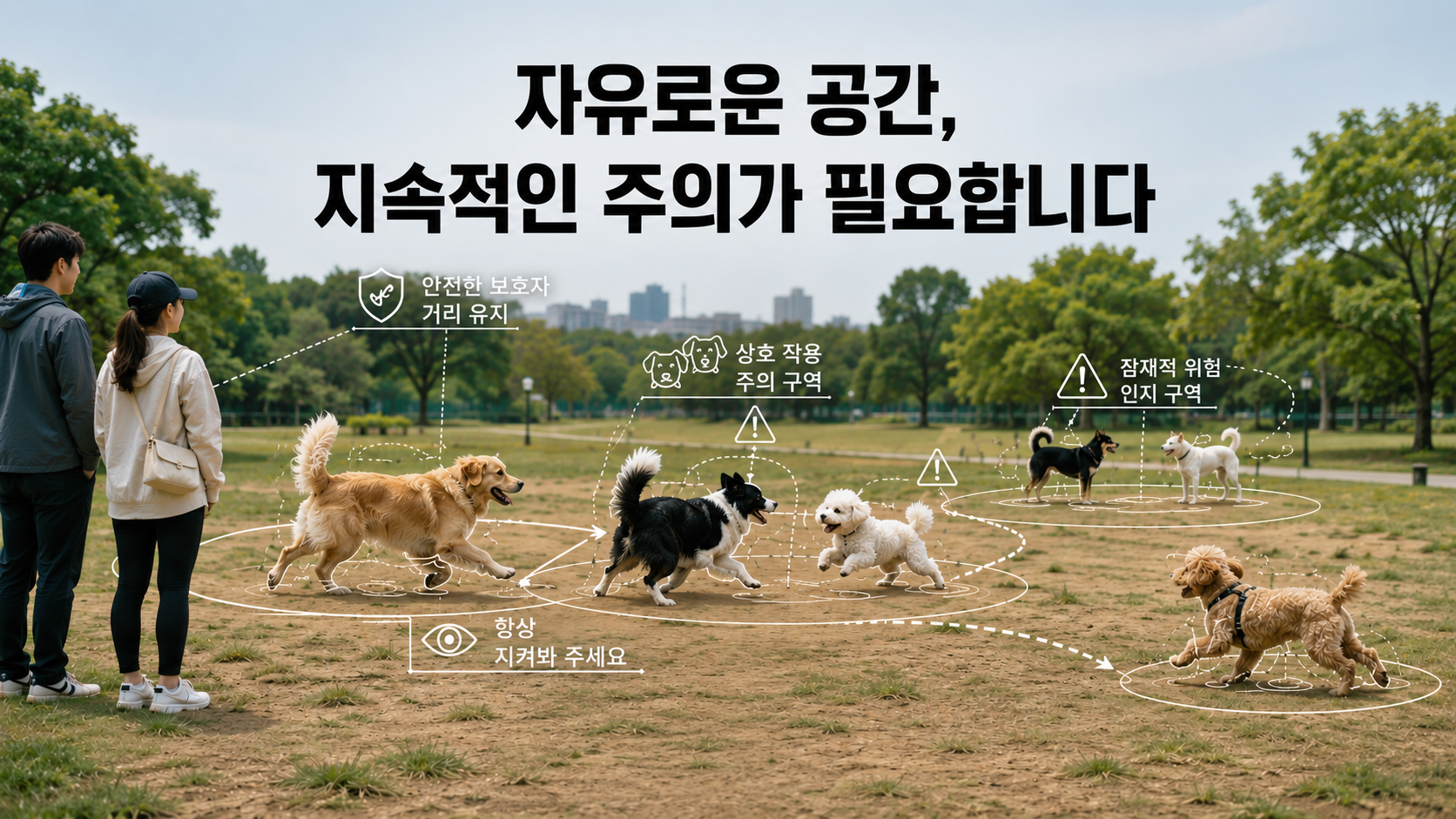 애견운동장 오프리시 구역에서 강아지들이 목줄 없이 자유롭게 뛰어노는 모습, 보호자들이 주변에서 지켜보고 있다