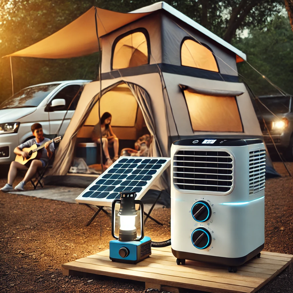 스마트 IoT 장비를 활용하여 캠핑을 즐기는 가족의 모습이 표현된 사진