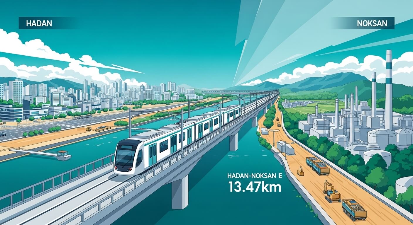 두지역을 오가는 전철모습. 공단지역과주거지역의 대칭보인다. 그사이로 강이 흐르고 지하철이 달리고 있다