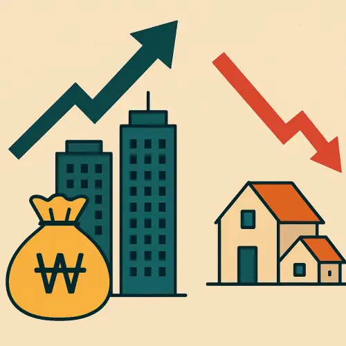 도심 고층 건물과 상승 화살표와 일반 주택과 하락 화살표를 이용하여 서울과 지방의 부동산 양극화를 표현한 그림