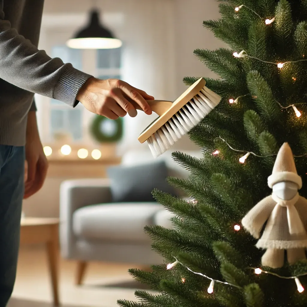 거실에서 부드러운 브러시로 PE 인조 크리스마스 트리를 청소하는 모습