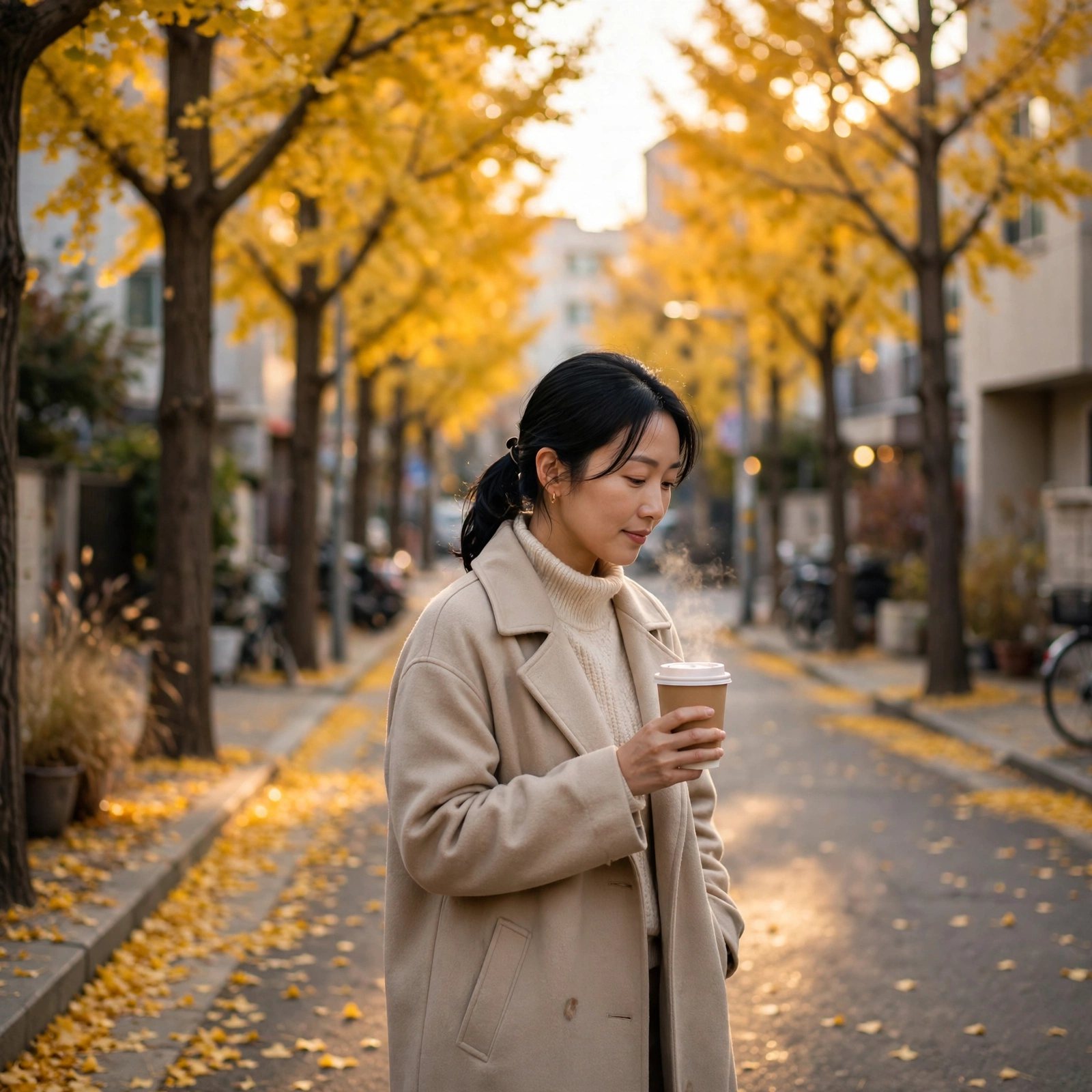 노란 은행나무 거리에서 커피를 든 여성 사진