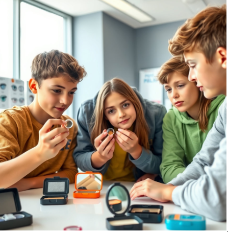 소프트렌즈와 하드렌즈 비교하는 학생들 사진