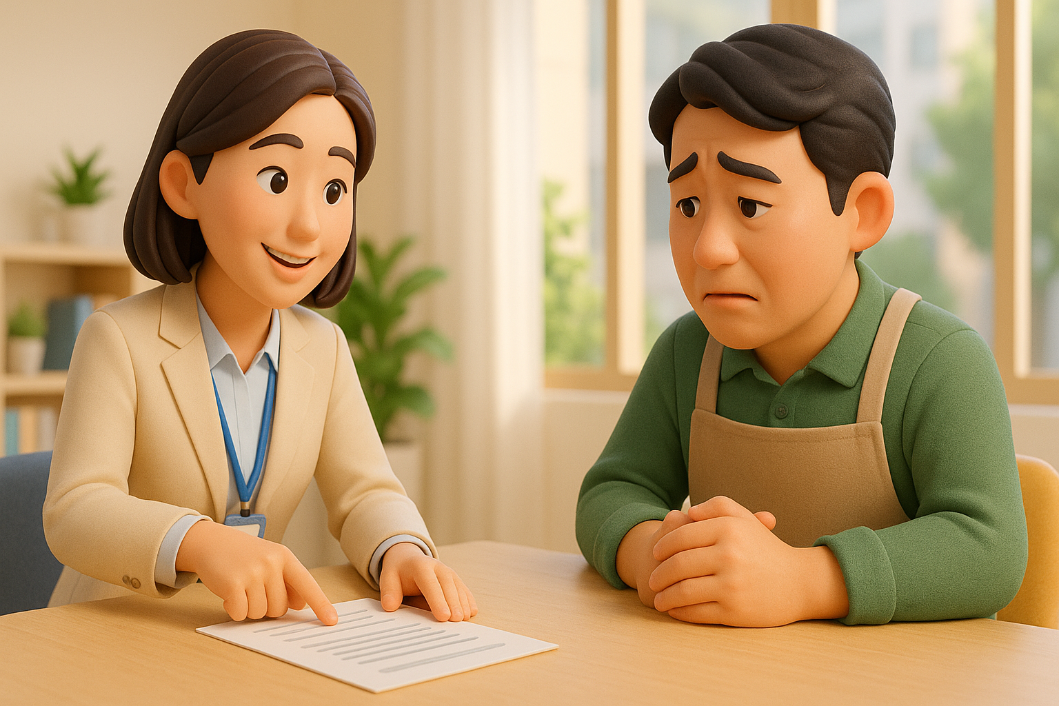 금융 컨설턴트에게 채무조정 관련 서류에 대해 상담받는 소상공인