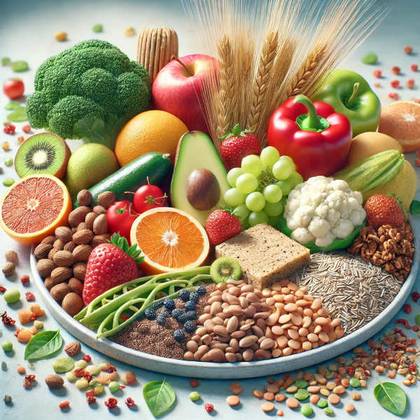 과일, 채소, 통곡물, 콩류 등 식이섬유가 풍부한 음식이 담긴 접시와 밝은 주방 배경