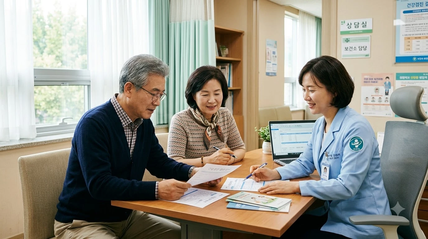 한국인 부모가 병원 상담실에서 보건소 직원과 서류를 확인하는 장면