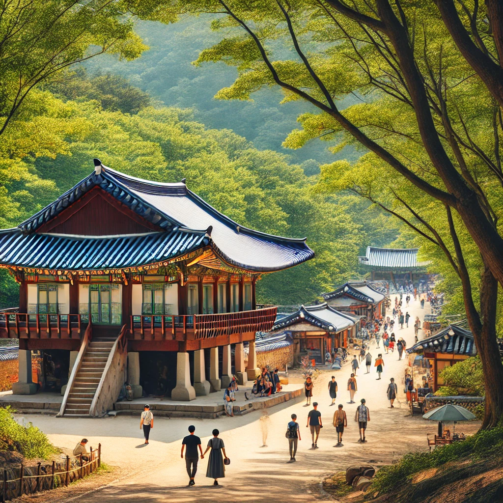 남한산성의 트레킹 코스, 낙선재 한옥 건물이 보이는 배경 속에서 사람들이 산책을 즐기는 모습.