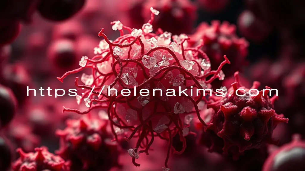 혈액 속 당분(설탕 결정)과 단백질(실타래)이 엉겨 붙어 끈적하고 해로운 'AGEs' 결정체를 형성하는 모습