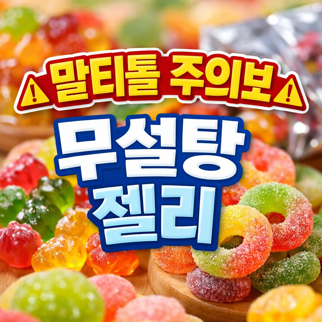 말티톨 주의보와 무설탕 젤리 문구가 들어간 컬러 젤리 배경의 건강 정보 썸네일