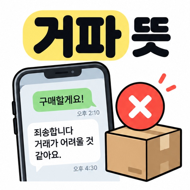 거파 뜻 제목과 중고거래 채팅창, 취소 표시를 보여주는 그림