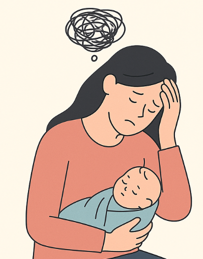 출산 후 우울증으로 힘들어하는 여성의 그림