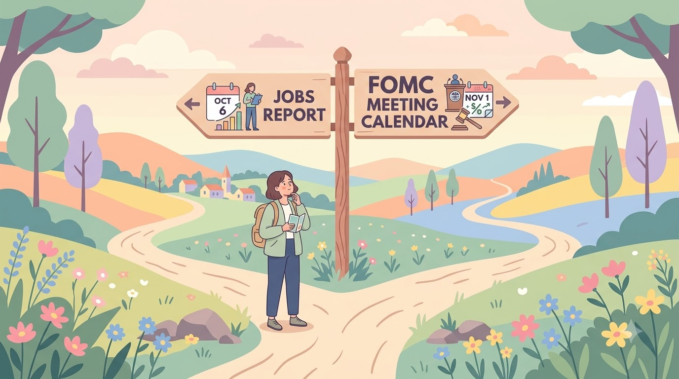 갈림길 표지판 앞에 선 인물과 그 옆에 놓인 고용지표·FOMC 달력 아이콘을 그린 일러스트