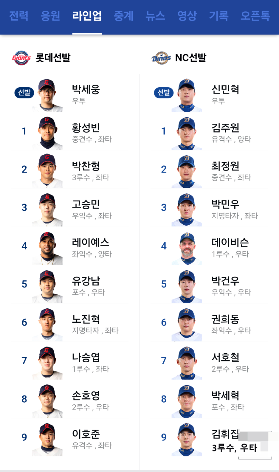이 날 경기의 라인업
