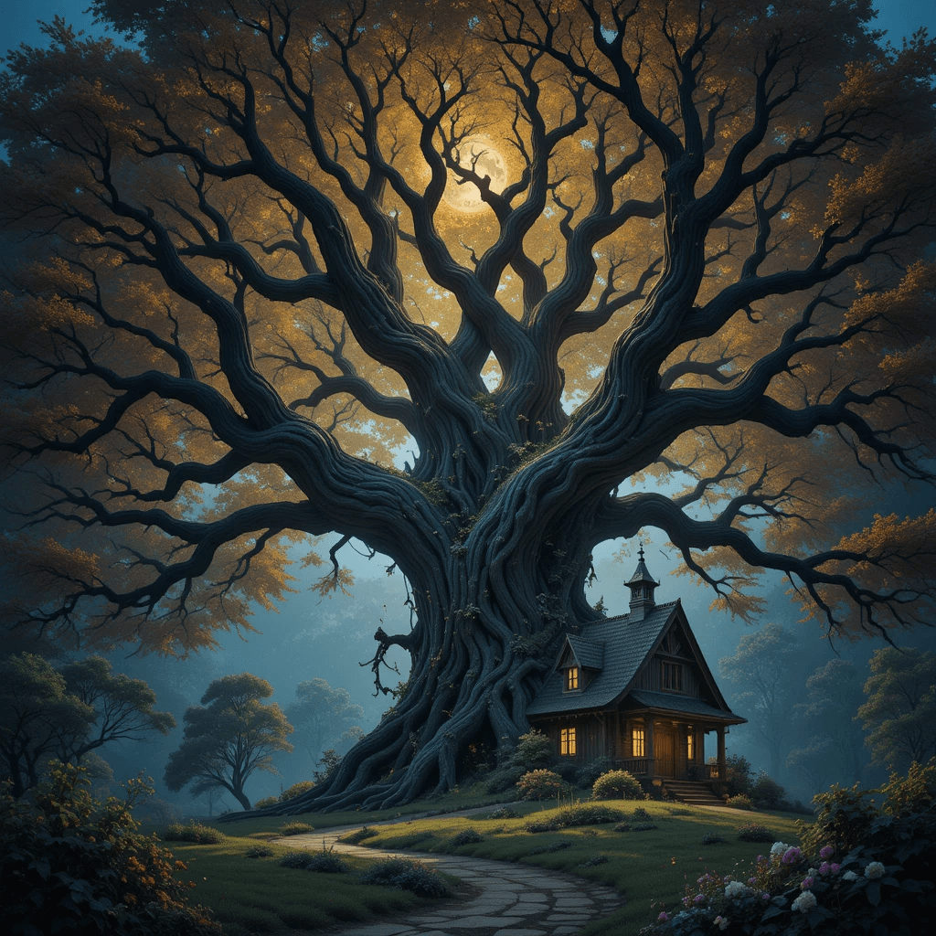 부동산 매매운이 좋아지는 예지몽으로 큰 나무가 집 앞에 서 있는 꿈의 참고이미지입니다.