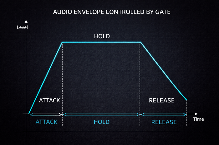 게이트 파라미터(어택, 홀드, 릴리즈)에 따른 신호의 엔벨로프 변화 도표