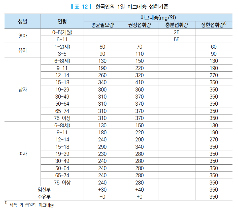 우리나라의 마그네슘 섭취기준 이미지입니다.