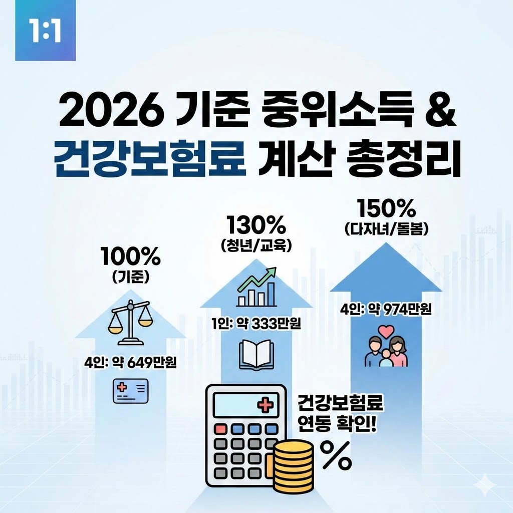 2026년 가구원수별 기준 중위소득 100%, 130%, 150% 구간별 소득 금액과 건강보험료 본인부담금 기준표 안내 이미지