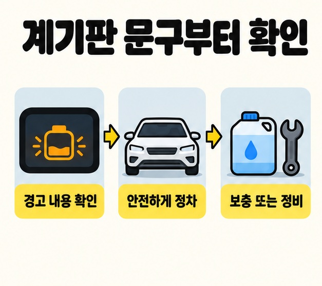 경고 내용 확인에서 안전하게 정차를 거쳐 보충 또는 정비로 이어지는 세 단계 대응 그림