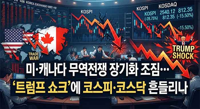 미&middot;캐나다 무역전쟁과 증시 하락을 표현한 이미지.