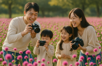 천일홍 정원에서 사진 찍으며 즐거워하는 가족 모습
