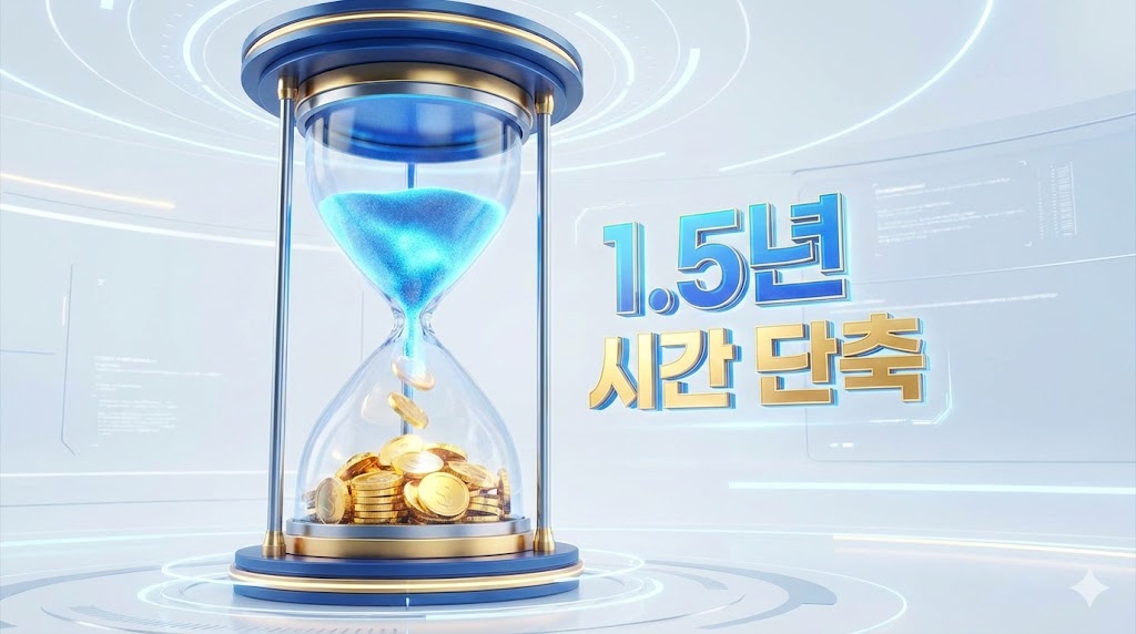모래시계 속의 모래가 급격히 빨라지며 자산이 쌓이는 모습과 '기간 단축 1.5년'이라는 텍스트가 강조된 인포그래픽