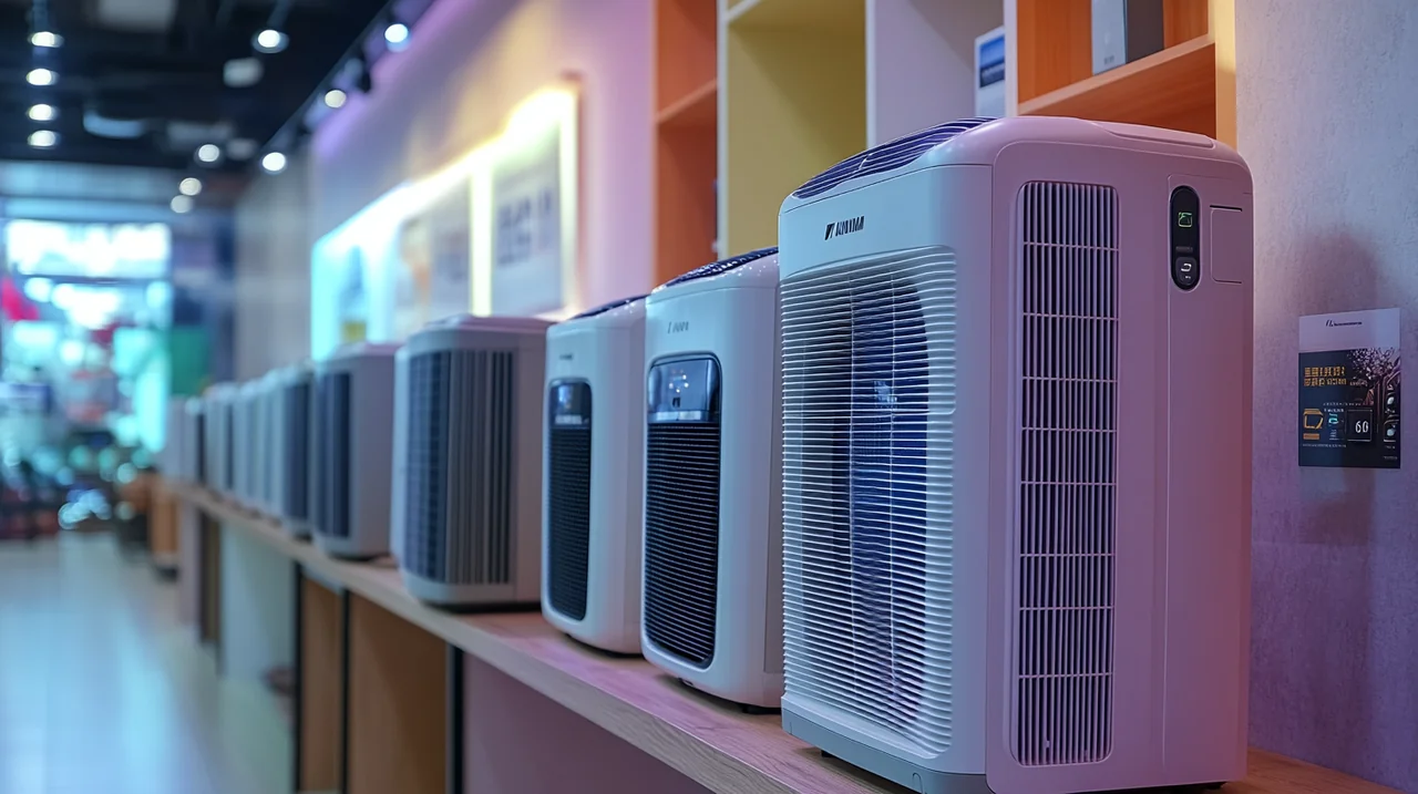 밝은 전자 매장에서 여러 이동식 에어컨 모델이 정렬되어 선보여지며, 선택의 다양성과 현대적인 스타일이 구현됩니다.