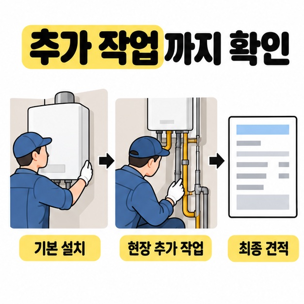 전문기사의 기본 설치와 현장 추가 작업 확인을 거쳐 최종 견적을 확인하는 과정을 보여주는 이미지