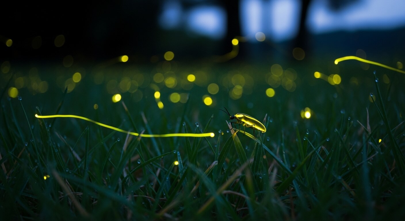 풀잎 위에서 빛을 발하는 반딧불이 클로즈업