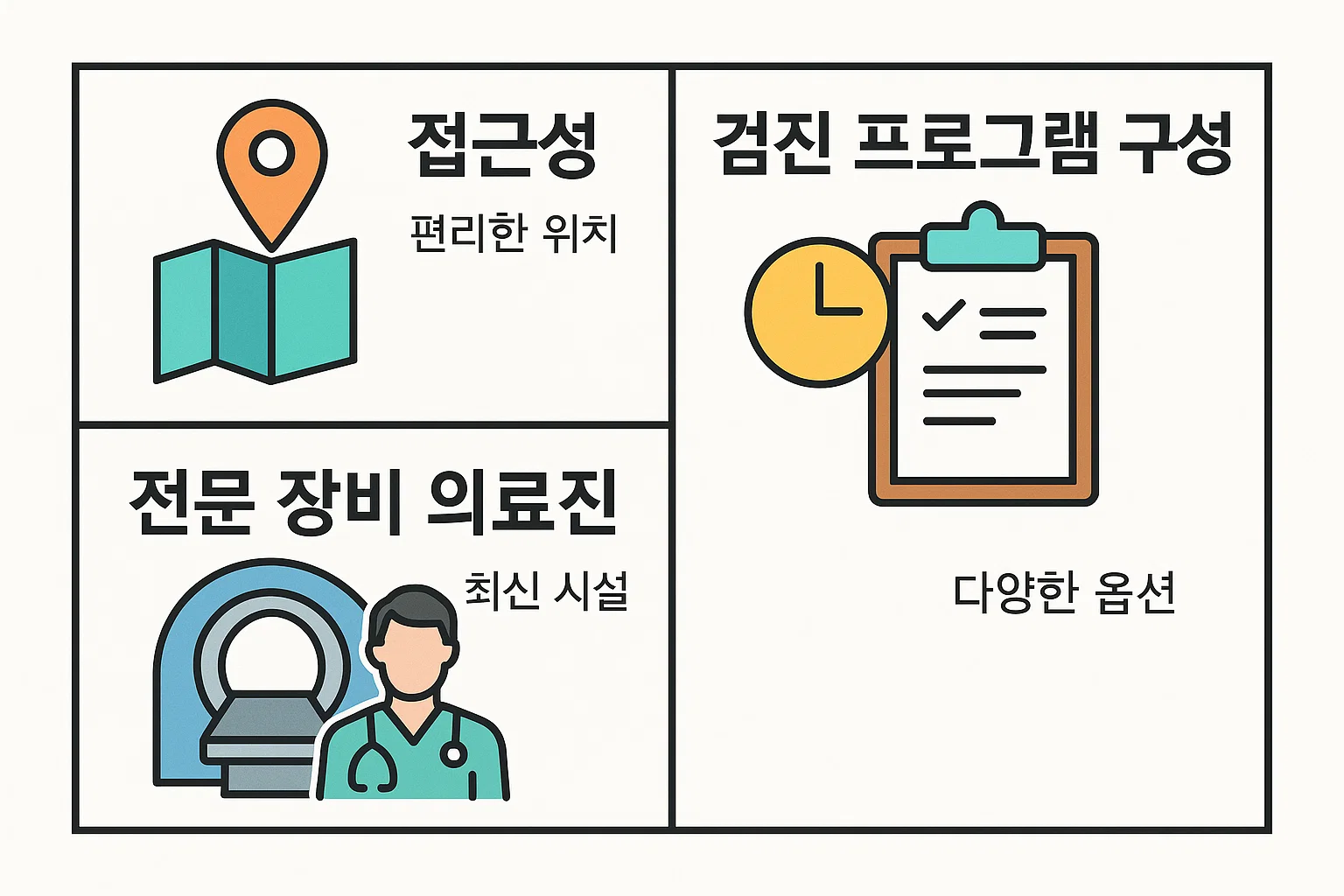 접근성, 프로그램 다양성, 의료진 전문성 등 부산 사상구 건강검진센터 선택 시 확인해야 할 핵심 기준을 정리한 인포그래픽