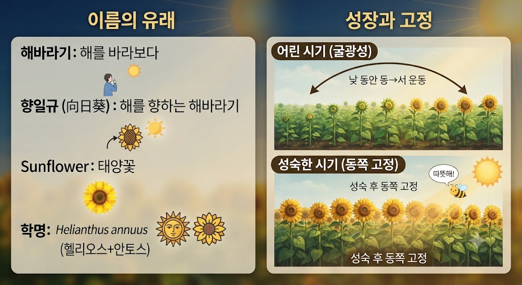 해바라기는 정말 하루 종일 해를 따라 움직일까요? '식용유의 경제학' 시리즈, 이번 편에서는 해바라기의 이름 속에 숨겨진 과학적 비밀을 파헤칩니다. 한국어, 중국어, 영어, 학명에 이르기까지 다양한 언어로 된 이름의 유래를 살펴보고, 성장기 어린 해바라기의 '굴광성' 운동과 성숙한 해바라기가 동쪽을 향해 고정되는 이유를 인포그래픽으로 알기 쉽게 설명합니다. 꿀벌이 더 많이 찾아오는 동쪽 방향의 비밀까지, 해바라기의 본성을 완벽하게 이해해보세요.