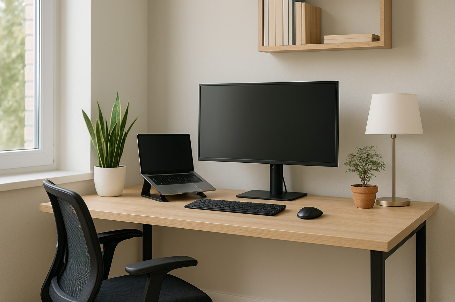 컴퓨와 책상이 보이는 사진