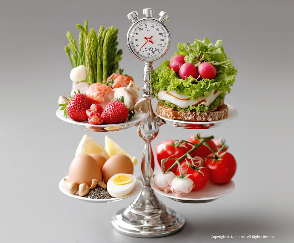 과일과 단백질 식품의 균형 잡힌 식재료 이미지