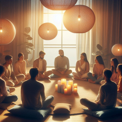사람들이 명상하는 모습이 담긴 이미지입니다. 따뜻한 분위기 속에서 사람들은 원을 그리며 앉아 있습니다.
